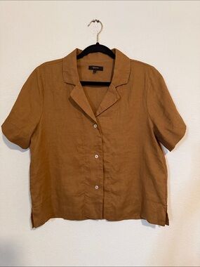 Quince Linen Women's Short-Sleeve Button-Front Shirt — Tan Brown